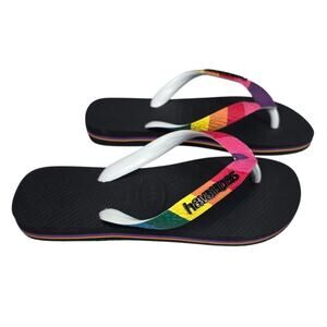 HAVAIANAS RAINBOW PRIDE FLIP-FLOPS – SIZE 35/36 – BLACK SOLE / WHITE STRAP
